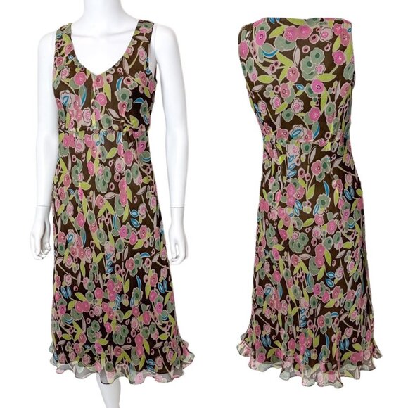 Garnet Hill Vintage Sleeveless Silk Abstract Floral Print Midi Dress Womens Sz 4 - Picture 1 of 14